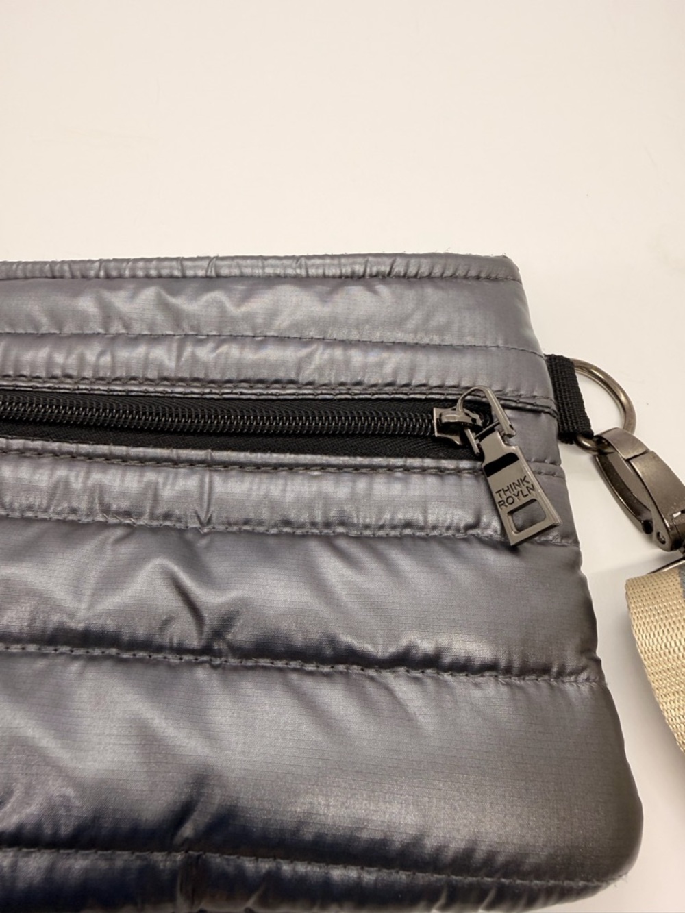 THINK ROYLN Quilted Crossbody Bag in Black with Beige-Gray Stripe Strap - Picture 12 of 13